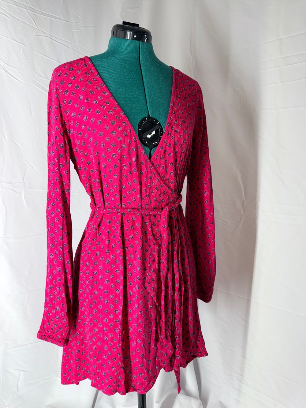 Billabong Fuchsia Long-Sleeve Wrap Dress with Tie Waist